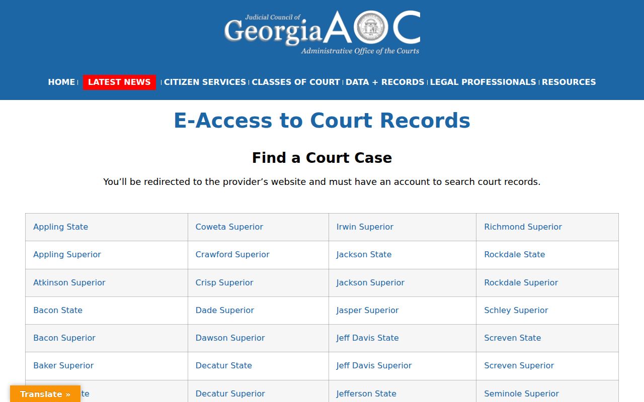 Georgia Courts E-Access provider directory and account notice