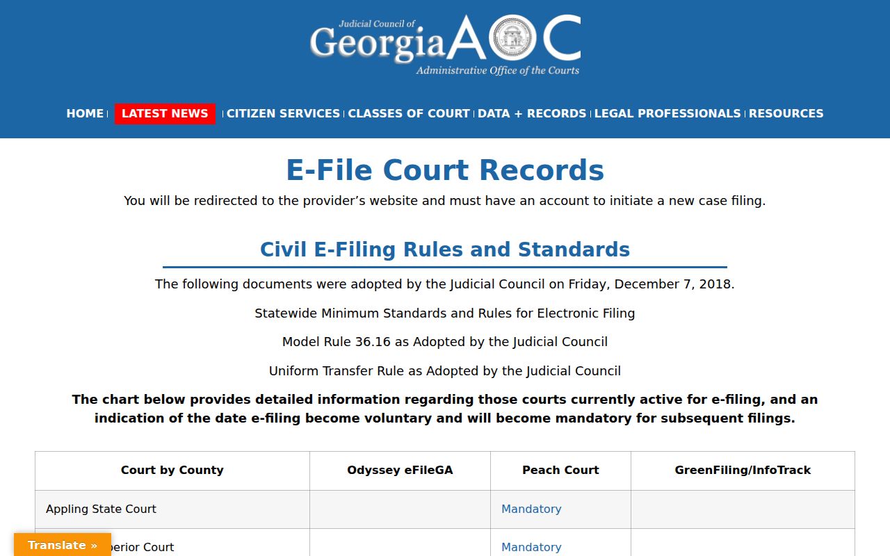 Georgia e-filing chart identifying PeachCourt for Lumpkin Superior Court