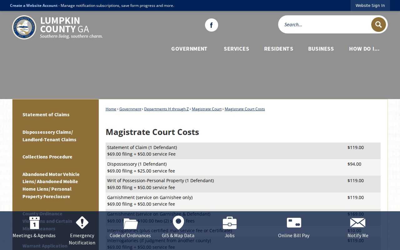 Lumpkin County Magistrate filing and service cost table