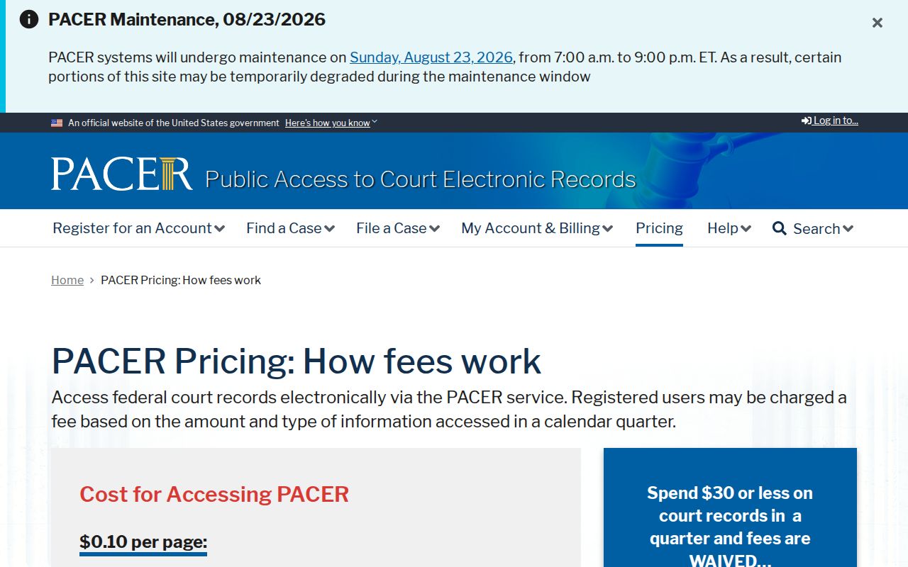 PACER federal civil docket and document pricing information