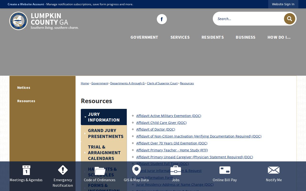 Lumpkin County Resources page with Trial and Arraignment Calendars