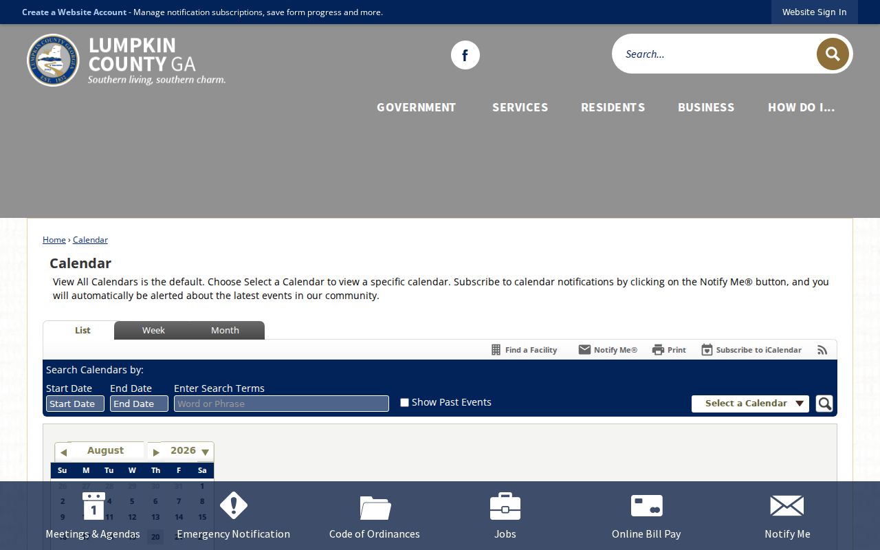 Lumpkin County Main Calendar search and display controls